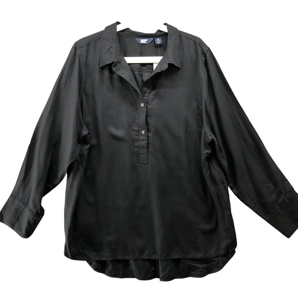 Lands' End Black Button-Front Pullover Blouse
